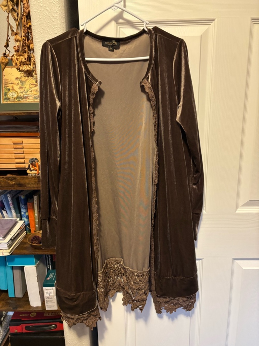 Suzanne Betro Brown Velvet Lace-Trim Long Robe